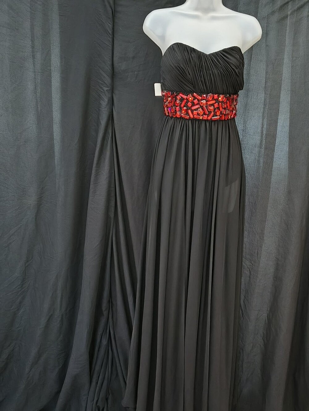Claudine Strapless Black Gown with Red Beaded Waist - Picture 3 of 6